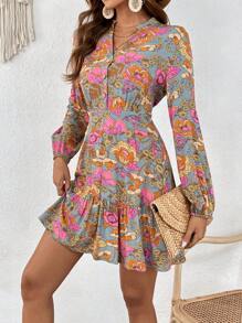 SHEIN VCAY Váy viền tay phồng in hoa - Nhiều màu - Xem 5