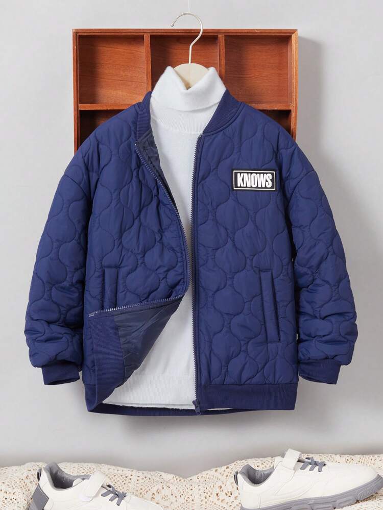 Tween Boy Letter Patched Baseball Collar Zipper Quilted Coat Without Sweater