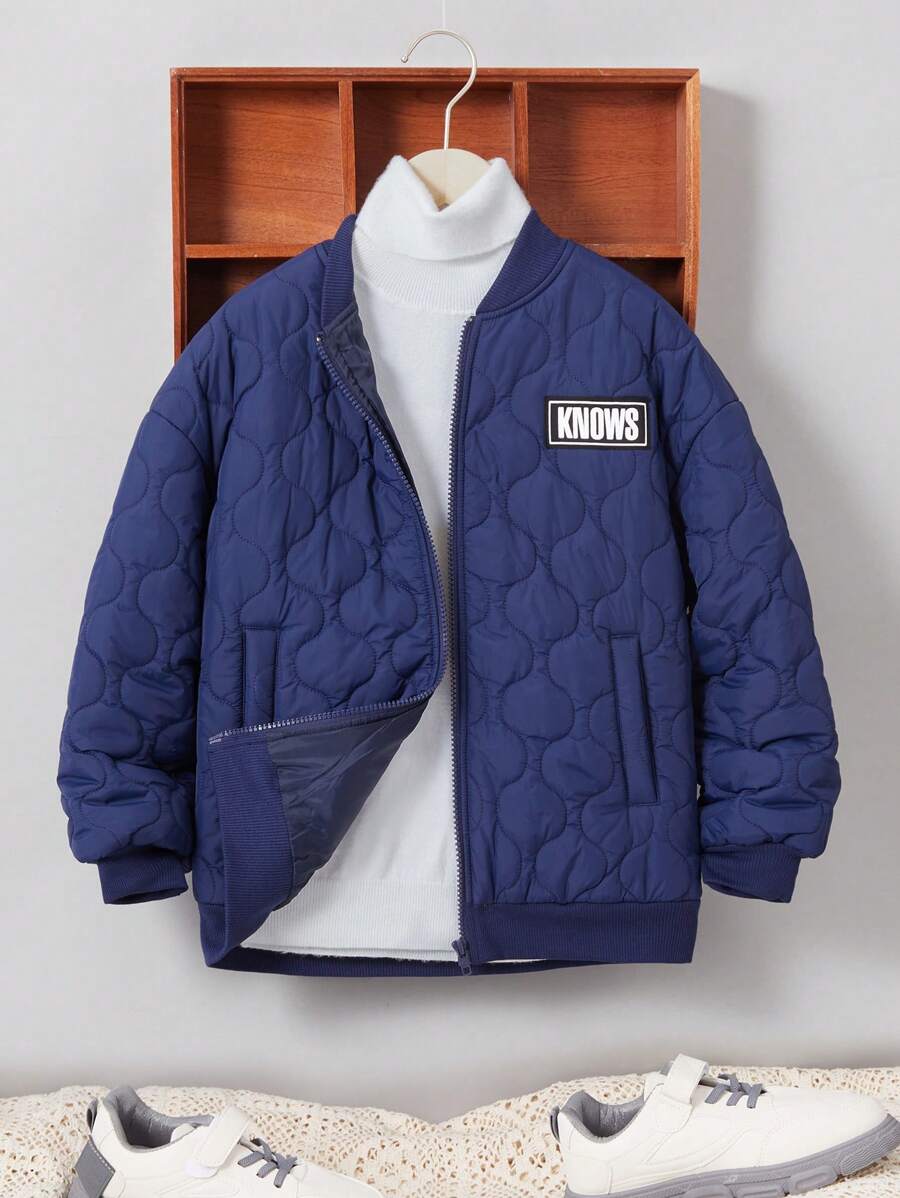 SHEIN Tween Boy Letter Patched Baseball Collar Zipper Quilted Coat Without Sweater - Royal Blue - View 1
