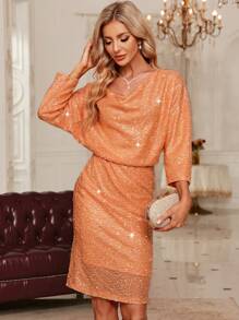 SHEIN Clasi Draped Collar Sequin Dress - Blue - View 5