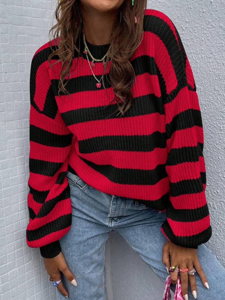 Striped Pattern Drop Shoulder Sweater,Long Sleeve Tops Knit Pullover Fall Winter Sweater