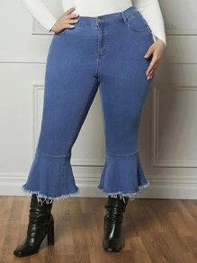 SHEIN CURVE+ 大碼高腰毛邊牛仔喇叭褲 - 深色水洗藍 - 查看 5