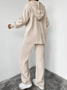 EURMUSE Drop Shoulder Drawstring Hoodie & Sweatpants - Beige - View 2