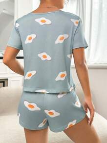 Conjunto de pijama con estampado de huevo frito - Azul menta - Ver 2