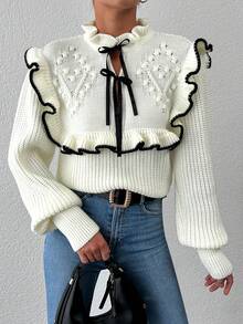 EURMUSE 撞色滾邊荷葉邊繫帶領套頭毛衣 - 白色 - 查看 3