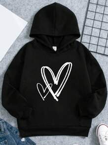 少女爱心印花卫衣，秋冬季休闲款 - 黑色 - 查看 1