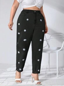 SHEIN Essnce Hơn Thêu hoa Quần jean Mom Fit - màu đen - Xem 3