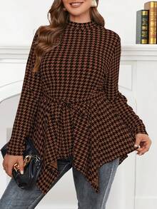 Celure 大碼千鳥格印花不對稱下擺腰帶T恤 - 卡其色 - 查看 3