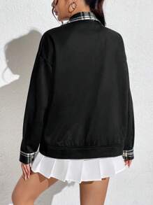 Flirla Plaid Print Drop Shoulder Zip Up Drop Shoulder 2 In 1 Coat - Black - View 2