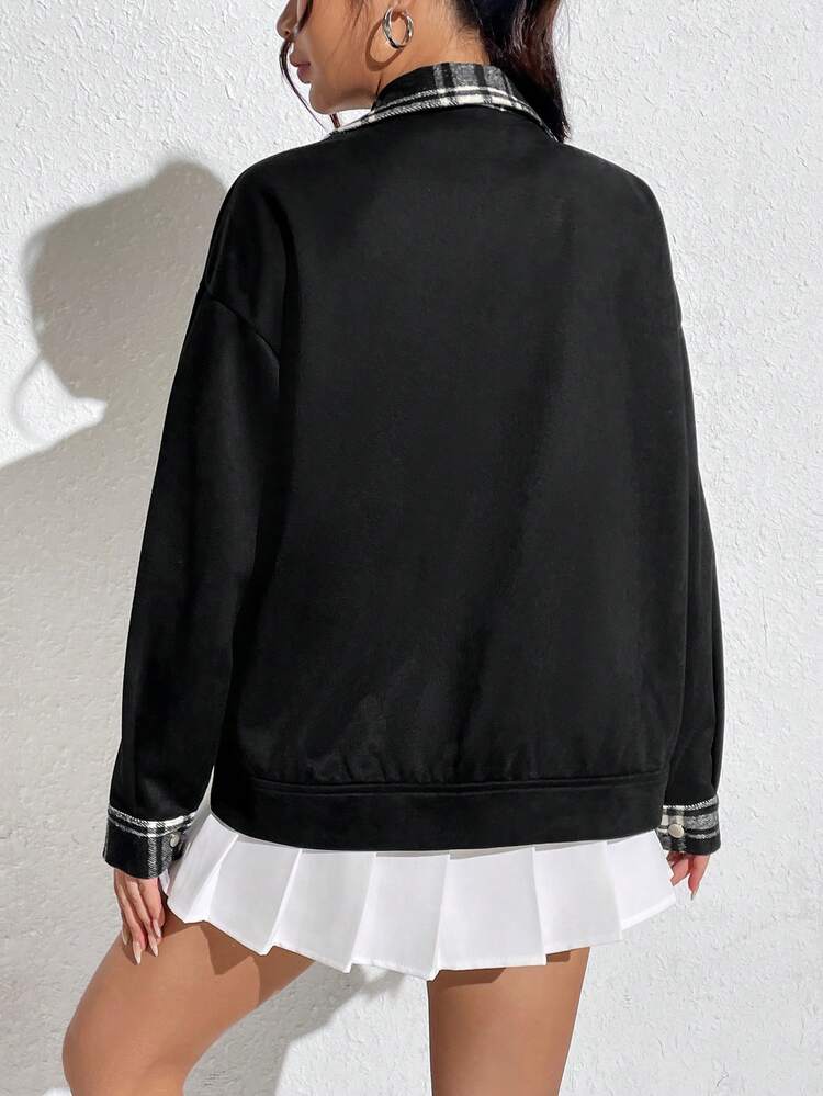 Plaid Print Drop Shoulder Zip Up Drop Shoulder 2 In 1 Coat