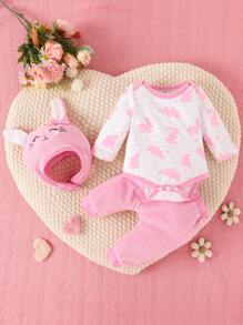 SHEIN Baby Girl Rabbit Print Bodysuit & Pants & Hat - Multicolor - View 1