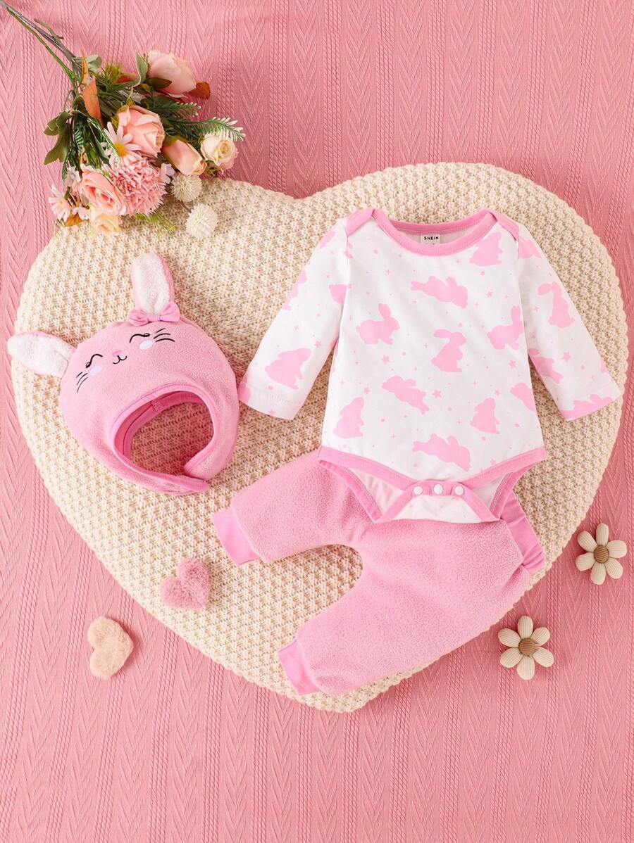 SHEIN Baby Girl Rabbit Print Bodysuit & Pants & Hat - Multicolor - View 1