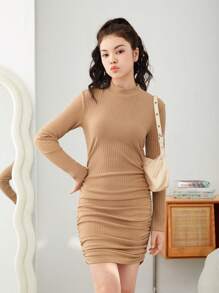 Teen Girl Mock Neck Ruched Ribbed Knit Dress - Khaki - View 3