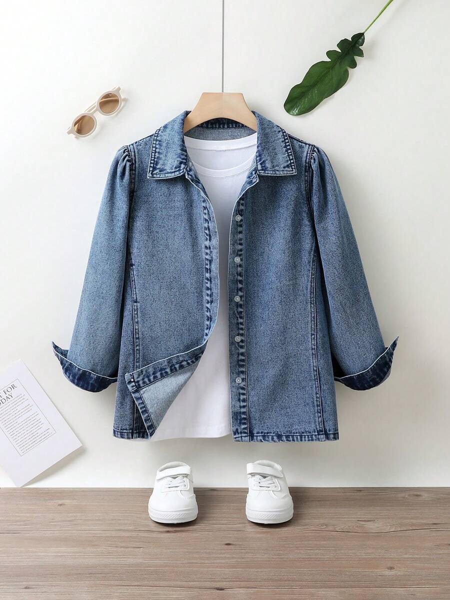 Cô gái Tween 1 Miếng Ống tay áo Nút phía trước Áo denim - Rửa tối - Xem 1