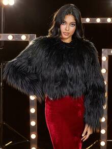 Eilly Bazar 1pc Open Front Fuzzy Coat - Black - View 4