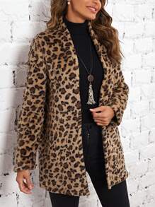 EMERY ROSE Leopard Open Front Teddy Coat - Multicolor - View 5