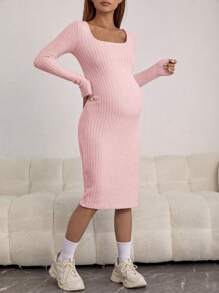 SHEIN 孕婦方領羅紋針織緊身洋裝 - 粉色 - 查看 5