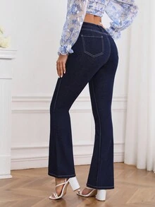 SHEIN Privé 拼接車縫牛仔喇叭褲 - 深色水洗藍 - 查看 2