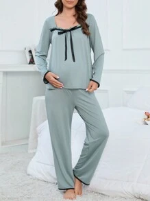 Maternidad Conjunto de pijama unido en contraste con lazo delantero - Verde - Ver 4