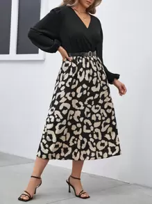 SHEIN Frenchy Plus Leopard Print Lantern Sleeve Overlap Collar Belted Dress - Black - View 1
