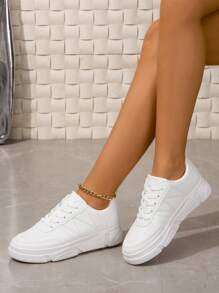 女性休閒平底滑板鞋,防滑&時尚透氣運動鞋,厚底 - 白色 - 查看 4