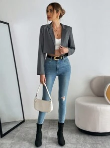 Chiquease 素色西裝領短版西裝 - 灰色 - 查看 4