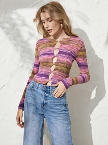 SHEIN Unity Áo len chui đầu dệt kim cài nút phía trước nhuộm màu loang, thích hợp cho mùa thu đông. - Nhiều màu - Xem 6