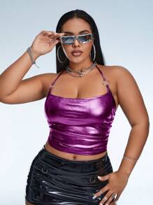 SHEIN ICON Plus Tie Backless Metallic Halter Top - Purple - View 1
