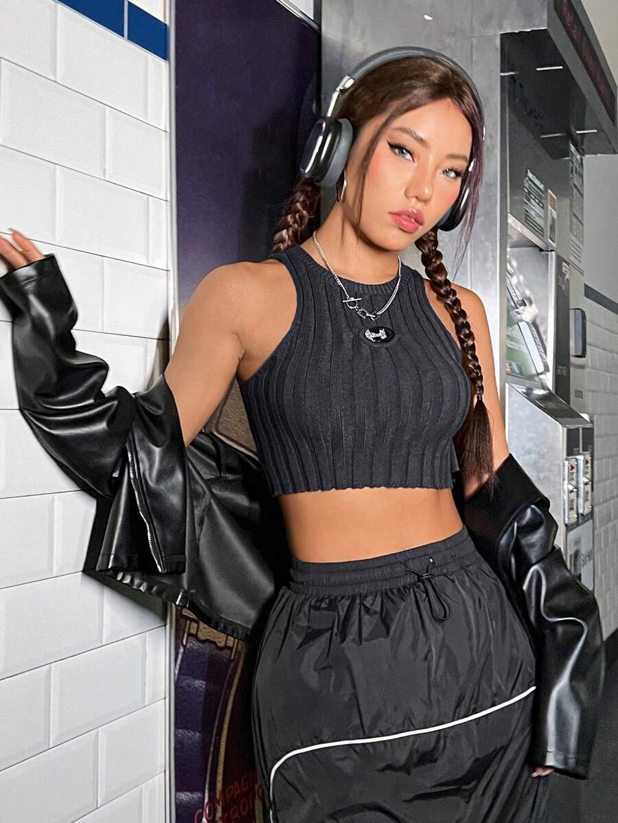 SHEIN EZwear 拼貼細節短款背心針織上衣 - 灰色 - 查看 1