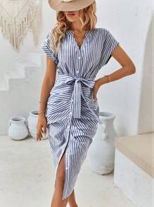 SHEIN Clasi Striped Print Batwing Sleeve Belted Dress - Blue and White - View 3