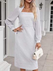 SHEIN Privé 方領荷葉邊袖洋裝 - 淺灰色 - 查看 3