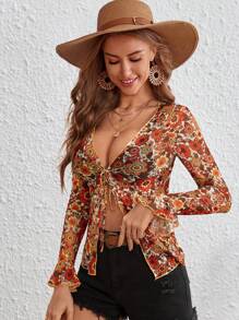 SHEIN VCAY Floral Print Tie Front Flare Sleeve Top - Multicolor - View 1
