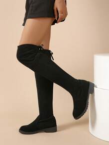 秋冬季低跟有彈性女式過膝絨面靴,顯瘦效果 - 黑色 - 查看 2