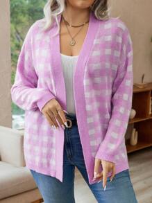 Celure 大碼水牛格子圖案落肩防塵開衫 - 粉色 - 查看 1