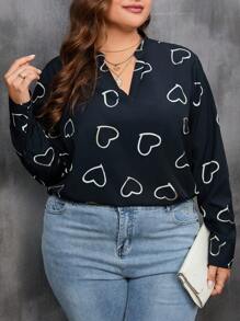 SHEIN LUNE 大碼心形印花缺口領口襯衫 - 黑色 - 查看 6