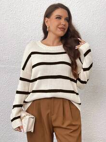 Celure 大碼條紋圖案落肩袖套頭毛衣 - 黑色 - 查看 6