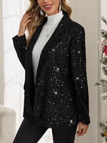 EMERY ROSE Solid Sequin Blazer - Black - View 5