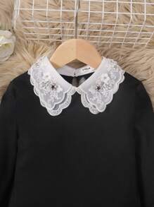 SHEIN Leap Crew Tween 女童修身优雅缀饰撞色仿领长袖 T 恤 - 黑色 - 查看 4