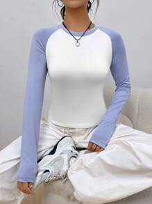 SHEIN EZwear Khối màu Tay Raglan Áo thun - trắng - Xem 6
