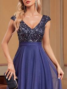 XUIBOL Robe de bal formelle avec tulle à paillettes contrastées, robe de soirée élégante pour femme, pour le bal de promo, le dîner, les cérémonies de remise de diplômes - Bleu marine - Voir 7