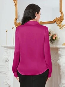 Modelyn 素色前紐扣緞面襯衫 - 玫紅色 - 查看 2