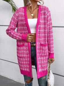 SHEIN LUNE Plaid Pattern Dual Pocket Drop Shoulder Duster Cardigan - Hot Pink - View 4