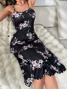 花卉印花生菜边吊带睡衣睡裙，完美适合夏季 - 黑色 - 查看 1