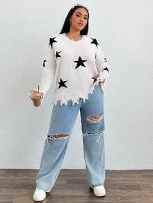 SHEIN Coolane Áo len trễ vai họa tiết ngôi sao Plus - Đen và trắng - Xem 4