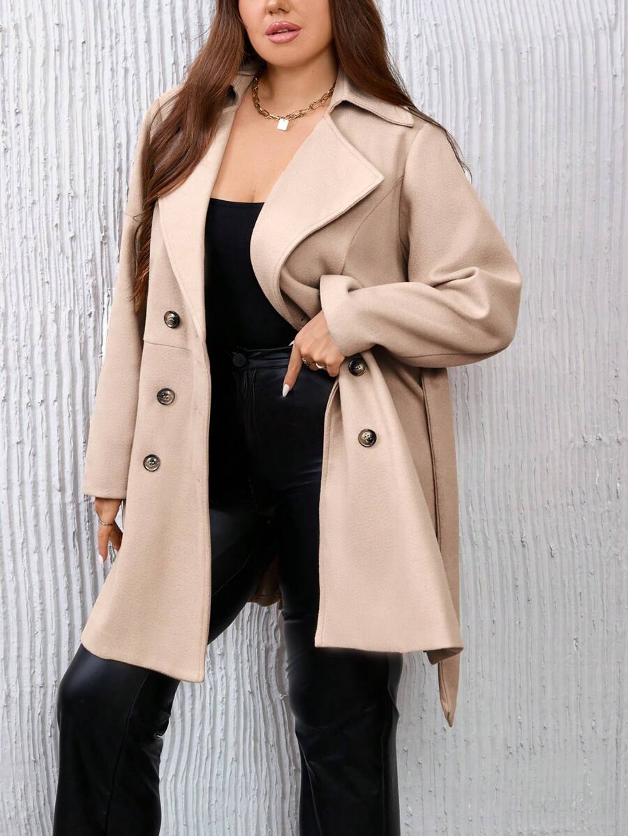 SHEIN Privé Plus Double Breasted Belted Overcoat - Brown - View 1