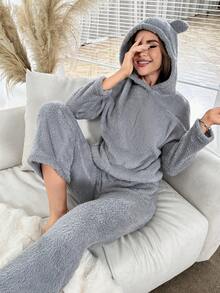 字母刺繡3D耳朵設計連帽法蘭絨睡衣套裝 - 灰色 - 查看 5