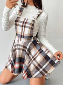 SHEIN EZwear Plaid Print Overall Dress Without Sweater - Multicolor - View 1