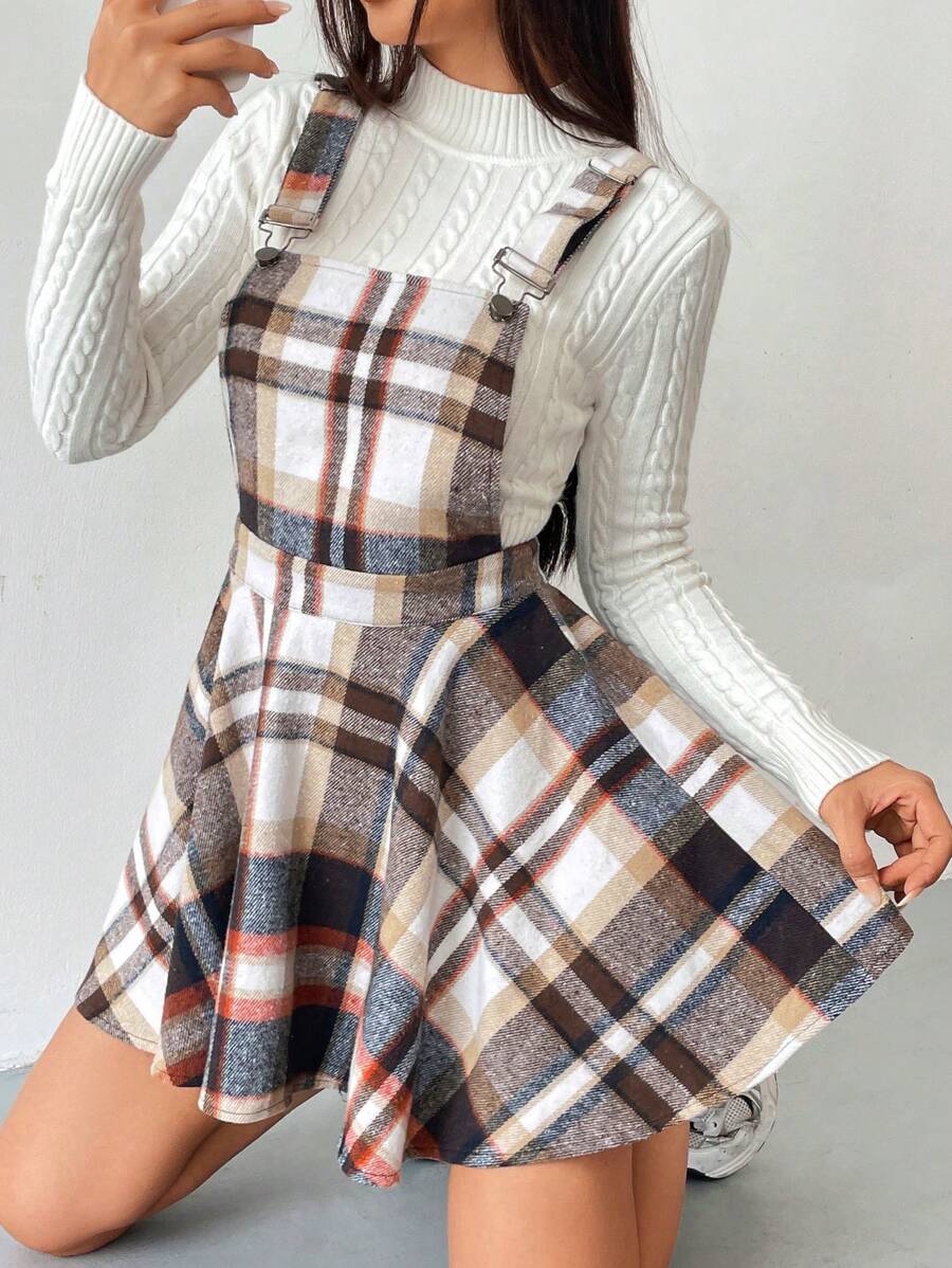 SHEIN EZwear Plaid Print Overall Dress Without Sweater - Multicolor - View 1