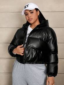 SHEIN EZwear 拉链 PU 皮革连帽加厚外套 - 黑色 - 查看 3