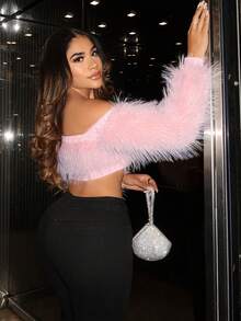 SHEIN SXY Off Shoulder 	
Fuzzy áo - Màu be - Xem 3